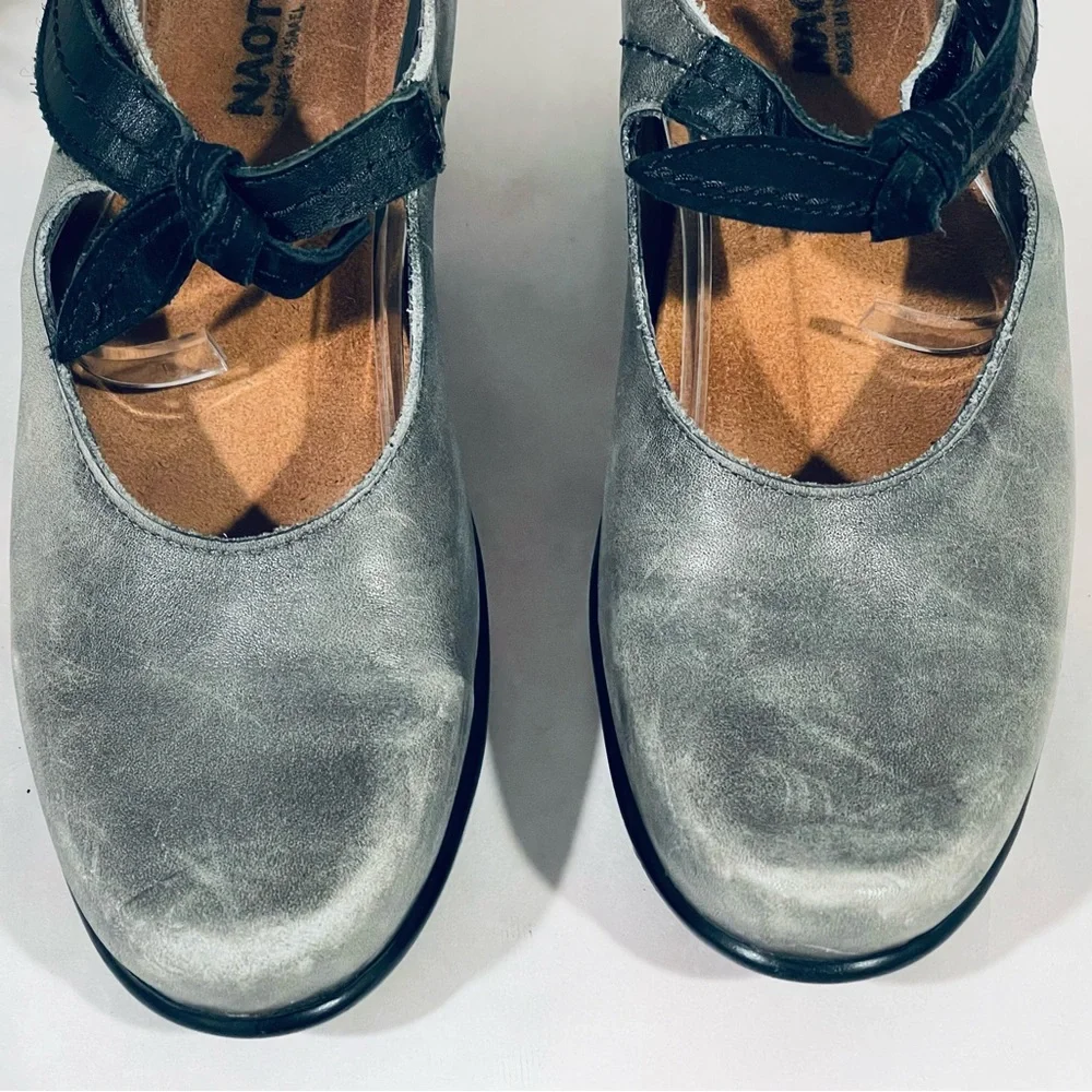 Naot Gray Distressed Leather Clogs Heels Hook & Loop Faux Tie Strap Closure |EUC